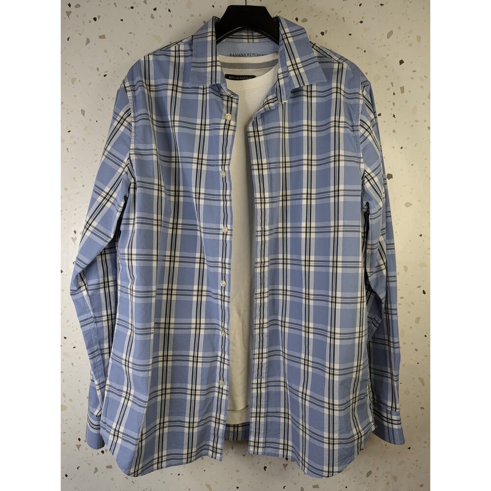 Banana Republic Luxe Poplin Shirt Mens Large 46-48 Blue Plaid Print 1145